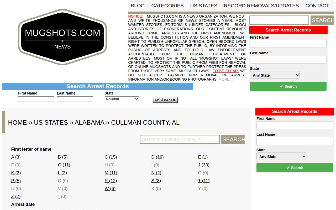 Cullman County weekly arrest log unofficial historical index