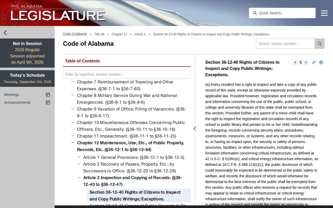 Alabama Code public records inspection statute
